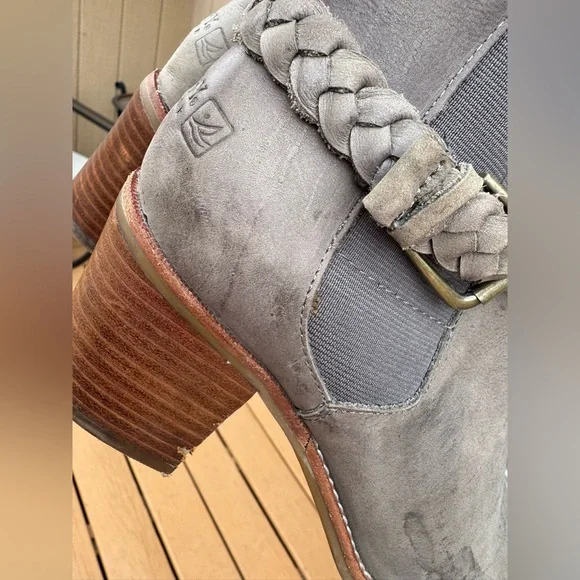 Sperry Leather Ankle Boots 8M Taupe Braided Strap Block Heel Chelsea Boho - Picture 10 of 16